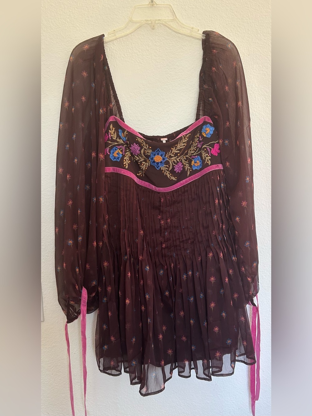 Women Free People Brown Floral Embroidered Long Sleeve Mini Dress with Pink Trim